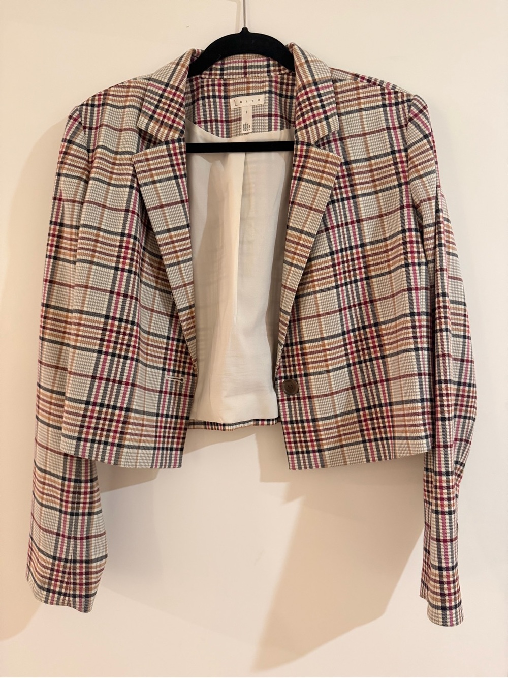 Leith Cropped Plaid Blazer in Beige, Brown and Red Tones
